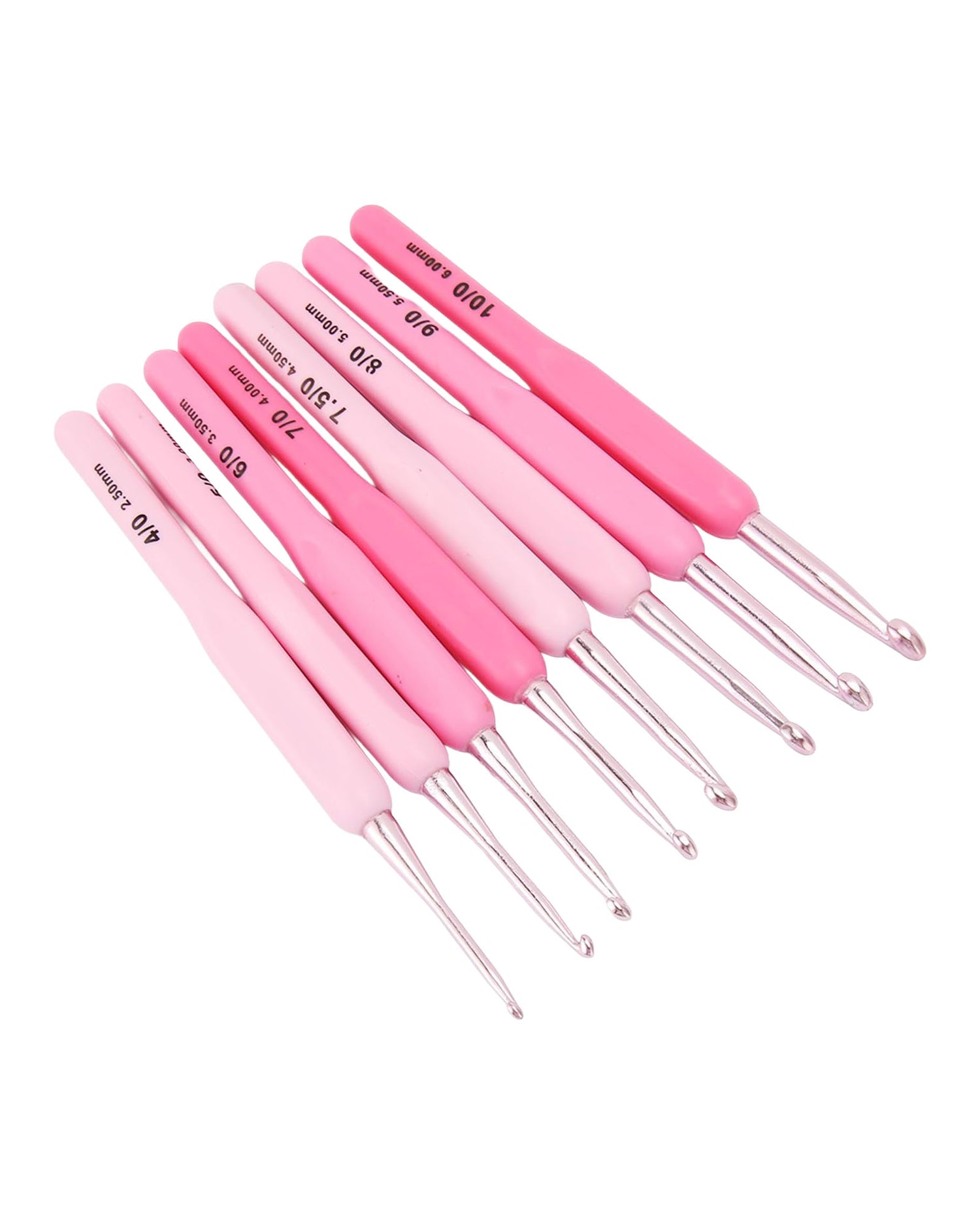 Set of pink crochet hooks with different sizes on a white background