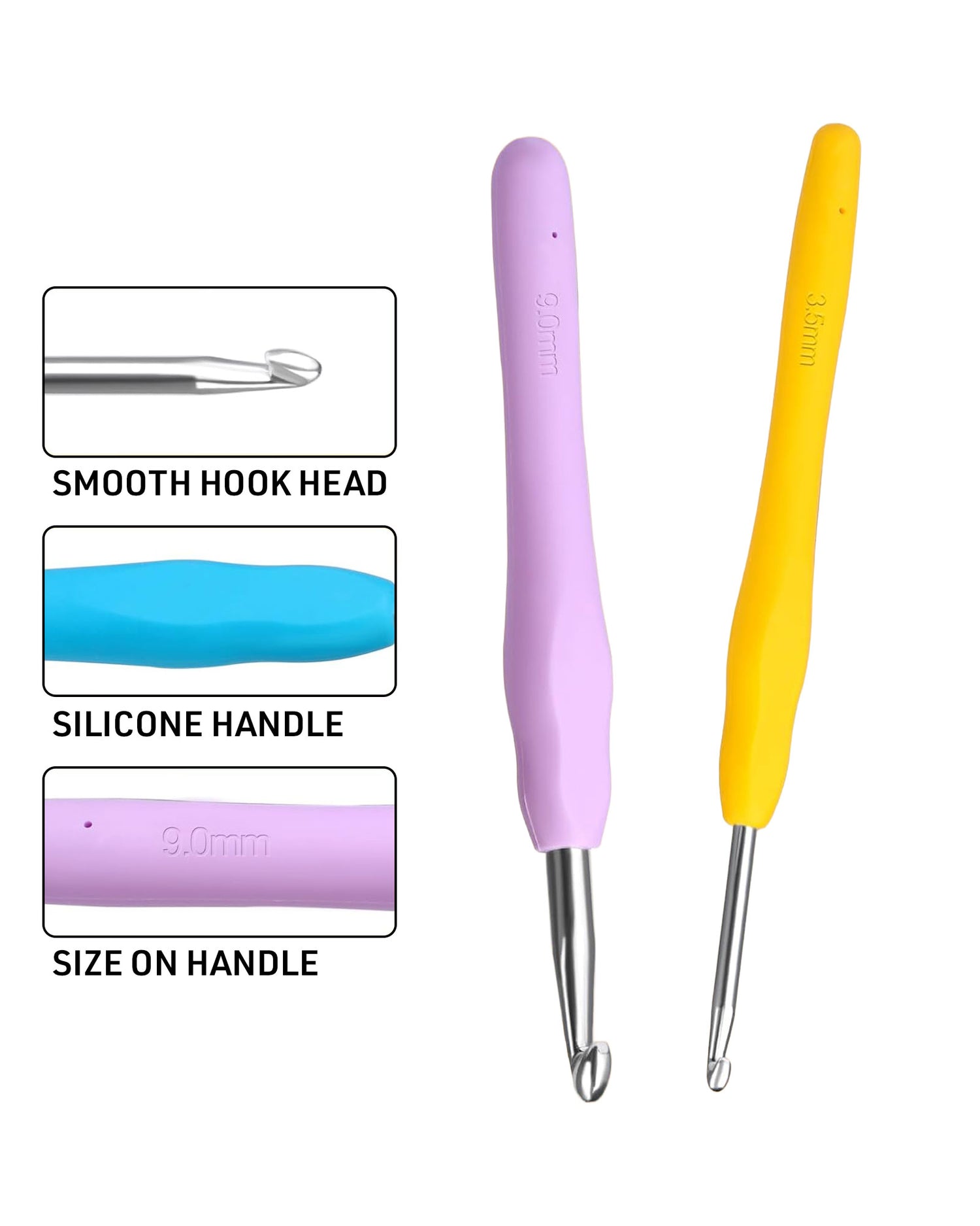 Crochet hooks with smooth hook head, silicone handle, and size on handle indicated.