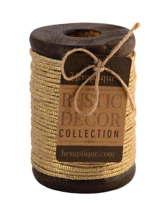 Rustic Décor Wood Spools with Gold Metallic Jute Cord