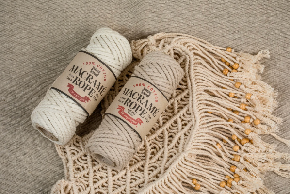 Macrame Piece and Two Cotton Macrame Rope Spools