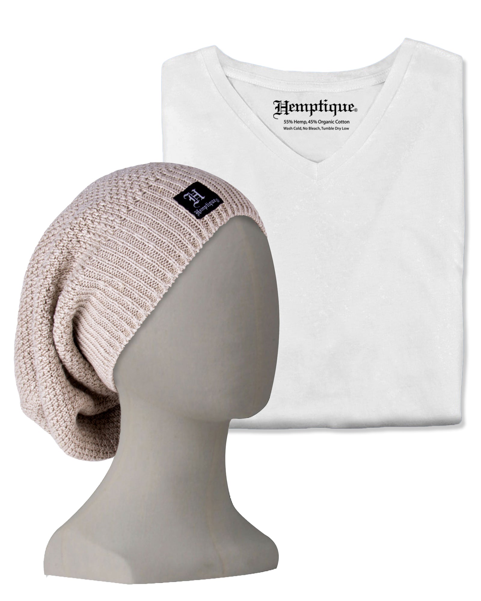 Hemp Blank V-Neck T-Shirt & Long Beanie Bundle