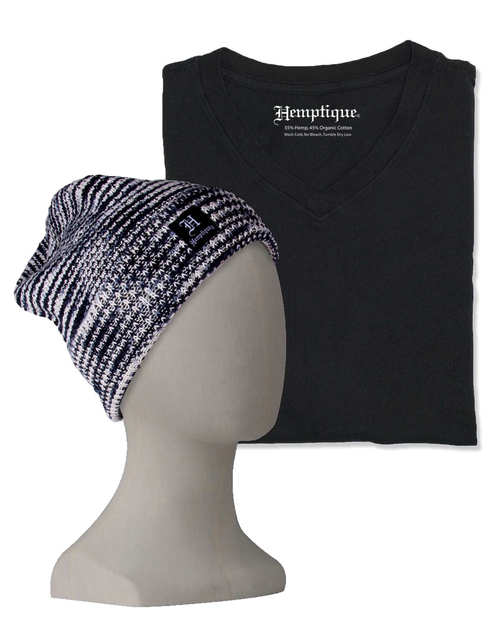 Hemp Blank V-Neck T-Shirt & Short Beanie Bundle