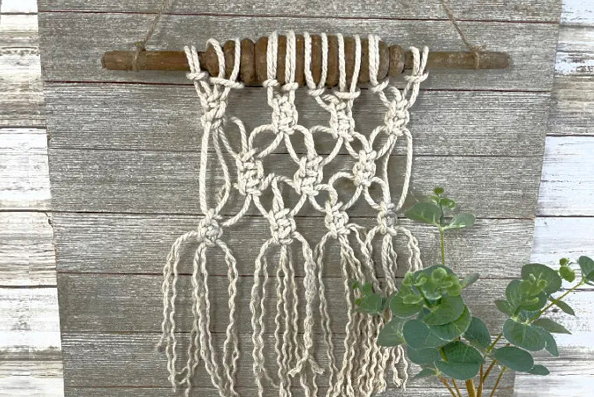 MACRAME WALL HANGING ON ANTIQUE SPINDLE