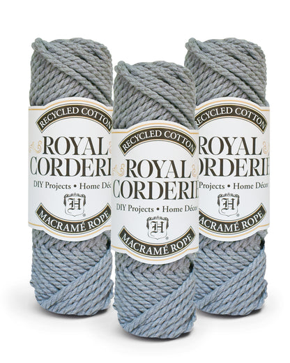 Three skeins of Royal Corderie macramé rope on a white background