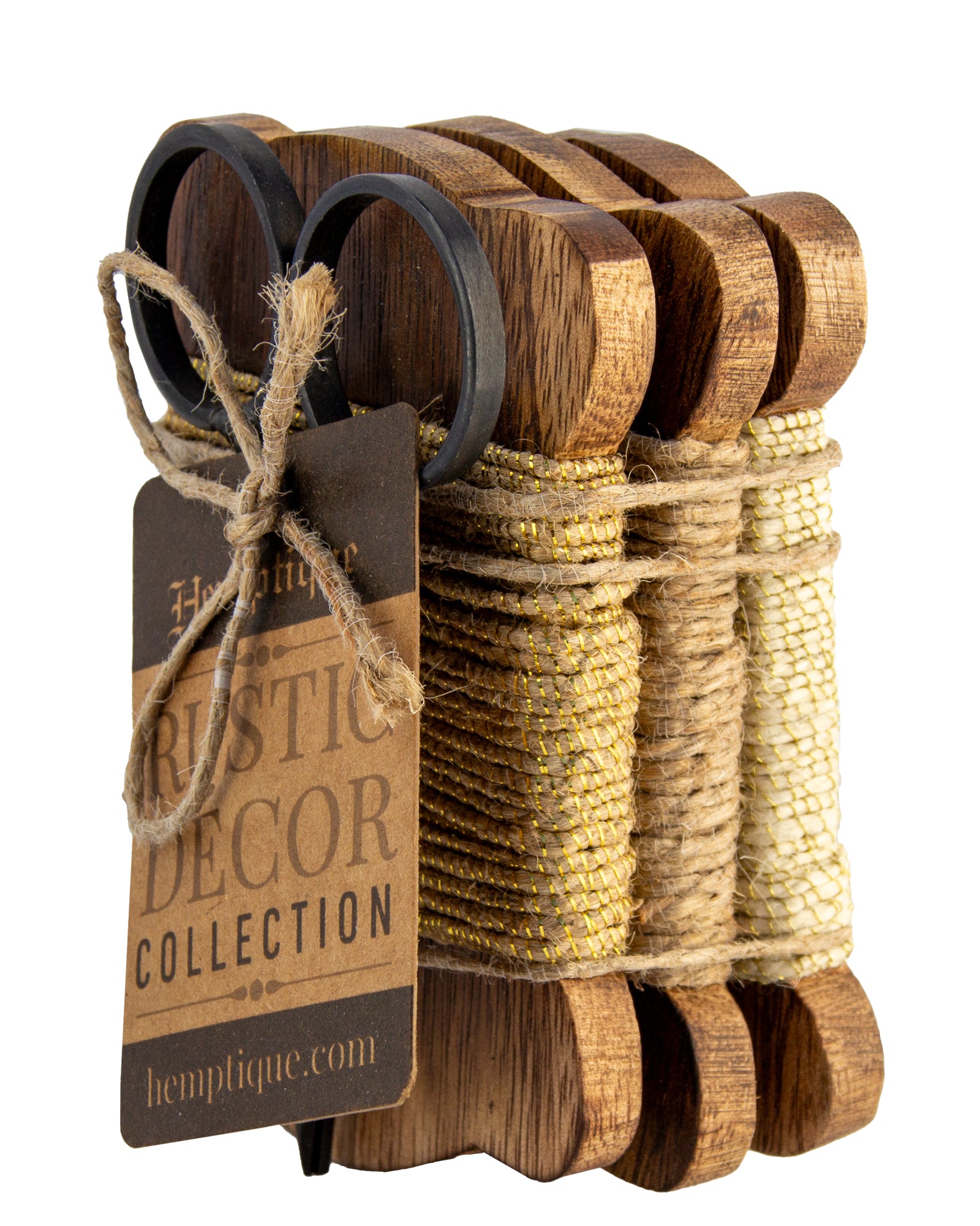 Set of 3 Wood Bobbin Cards with Metallic Jute Cord &amp; Scissors