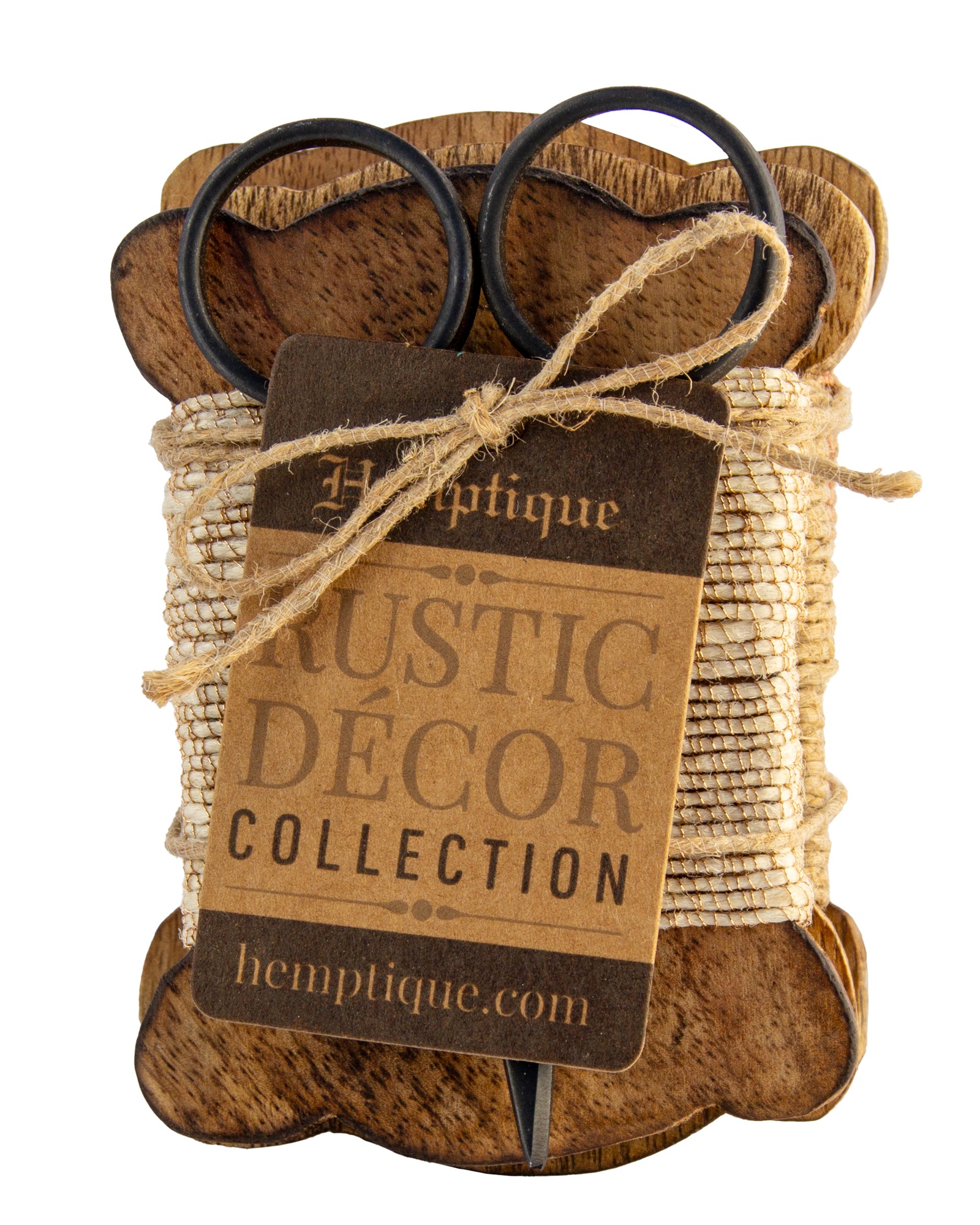 Set of 3 Wood Bobbin Cards with Metallic Jute Cord &amp; Scissors