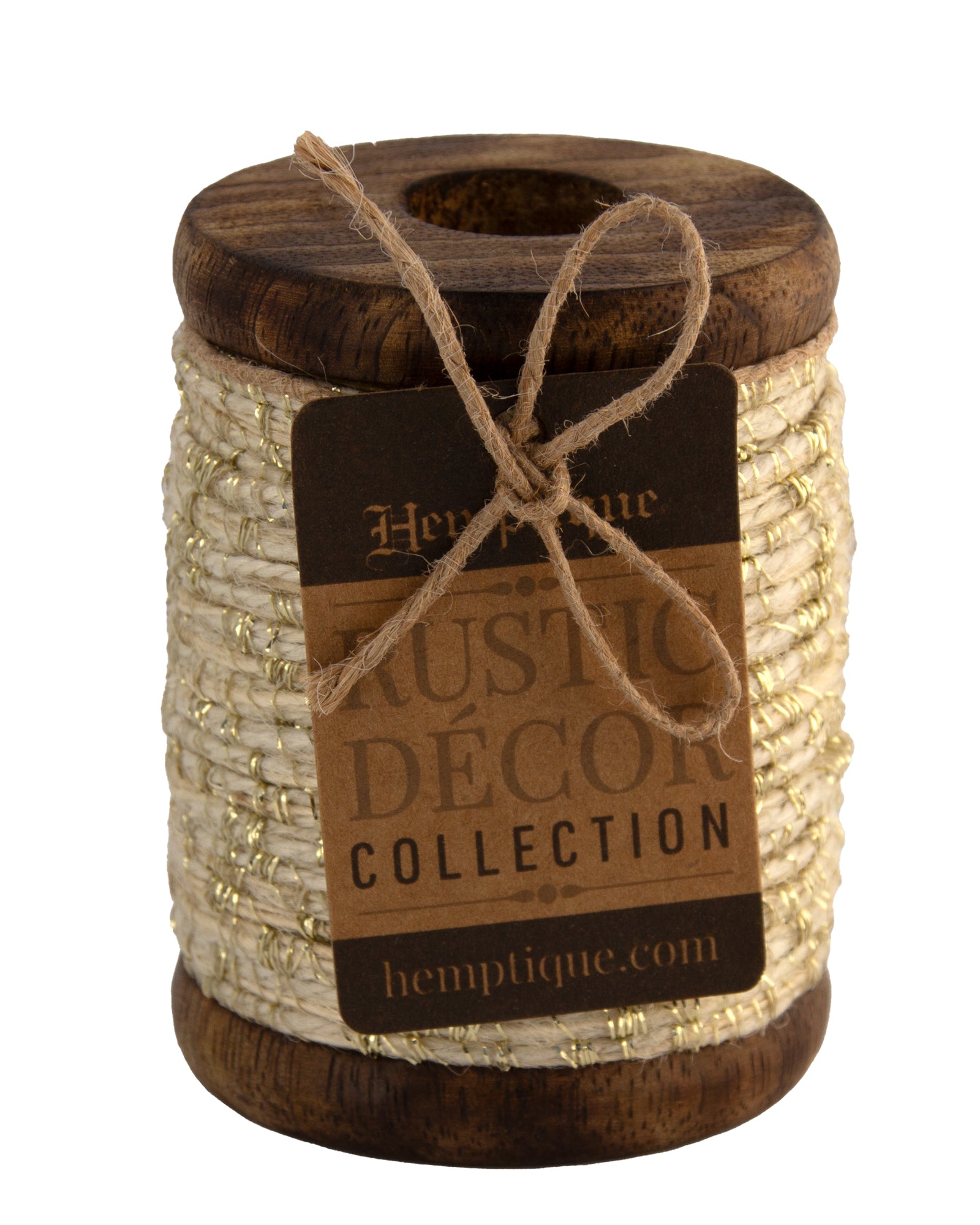 Rustic Décor Wood Spools with Gold Metallic Jute Cord