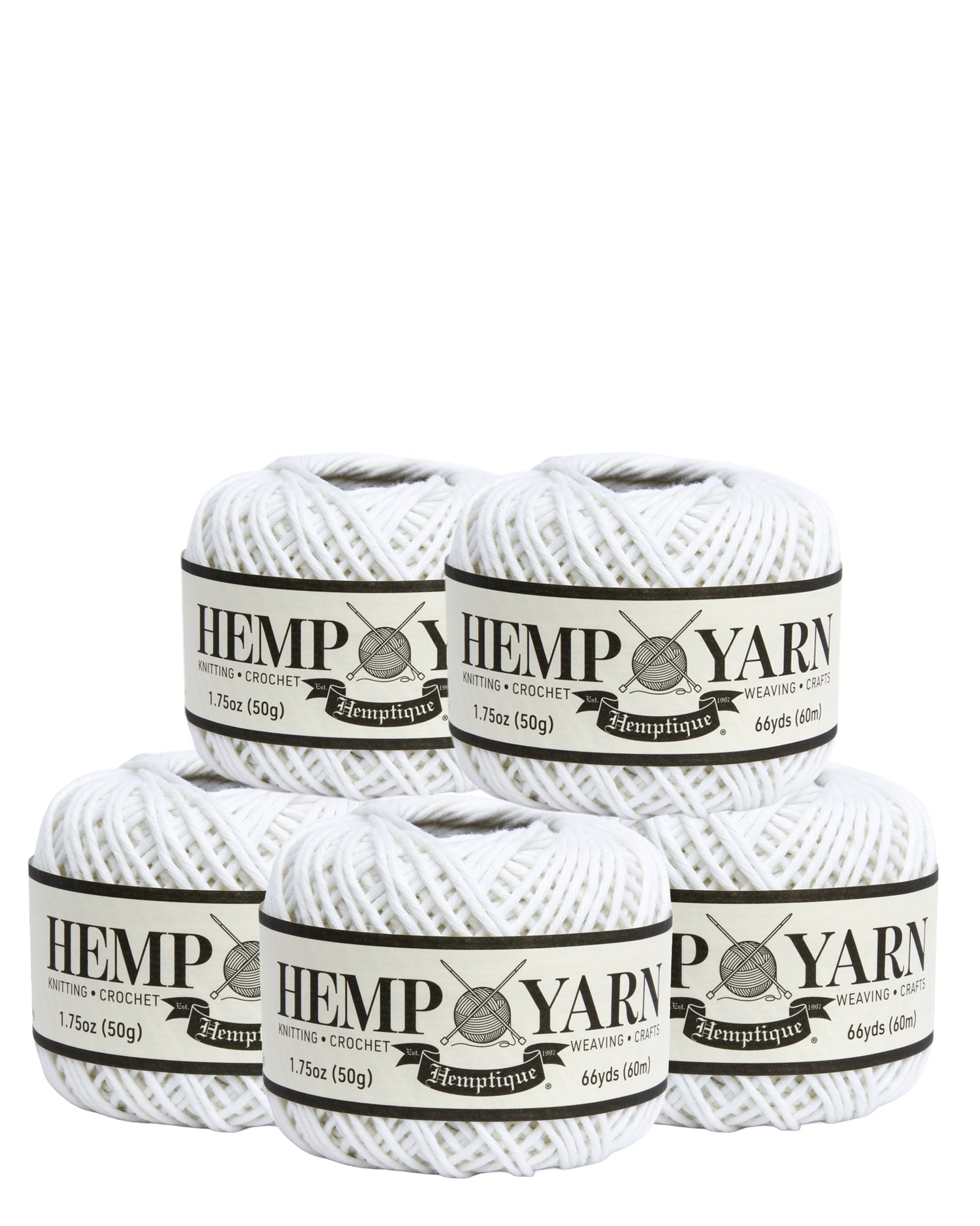 Five balls of white hemp yarn with labels on a white background