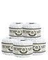 Five balls of white hemp yarn with labels on a white background