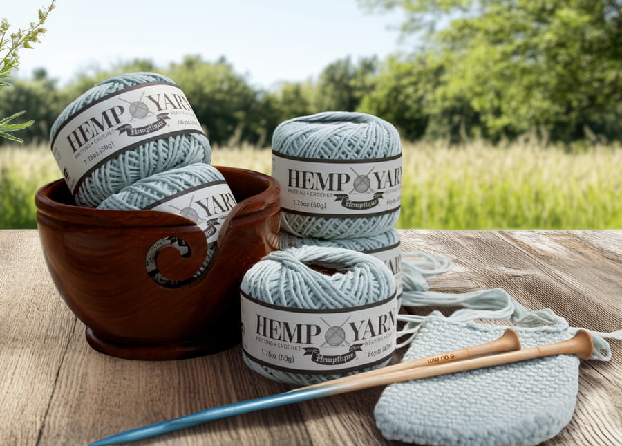 Three balls of hemp yarn with a crochet hook on a wooden surface outdoors.