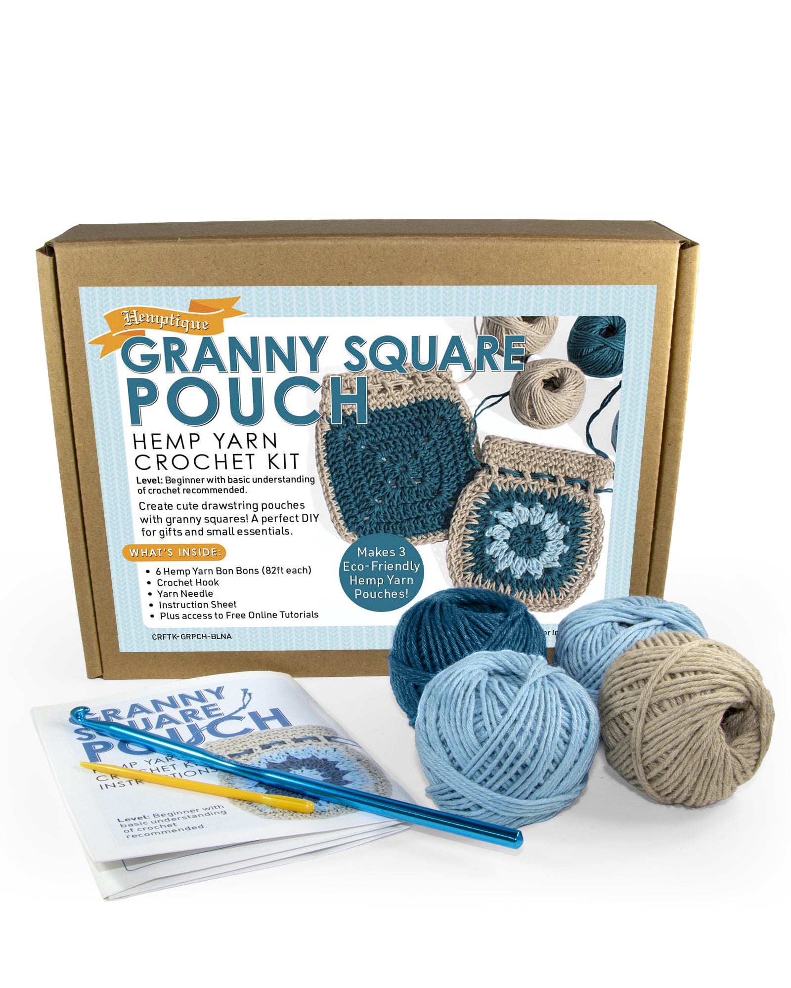 Hemp Yarn Crochet Kit - Blue Granny Square Pouch