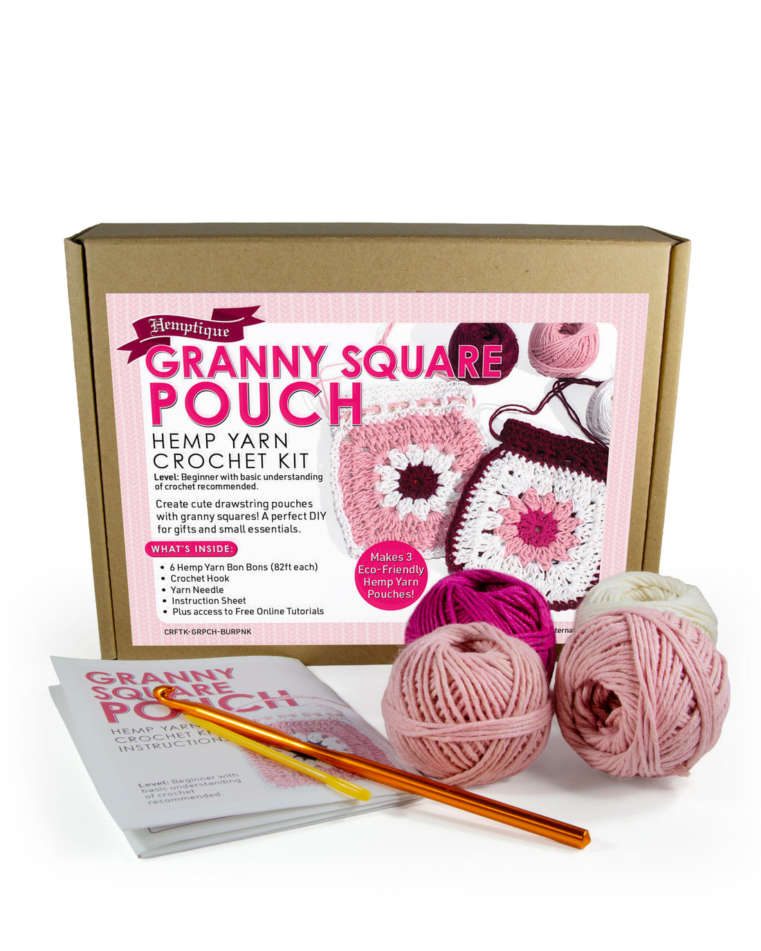 Hemp Yarn Crochet Kit - Pink Granny Square Pouch
