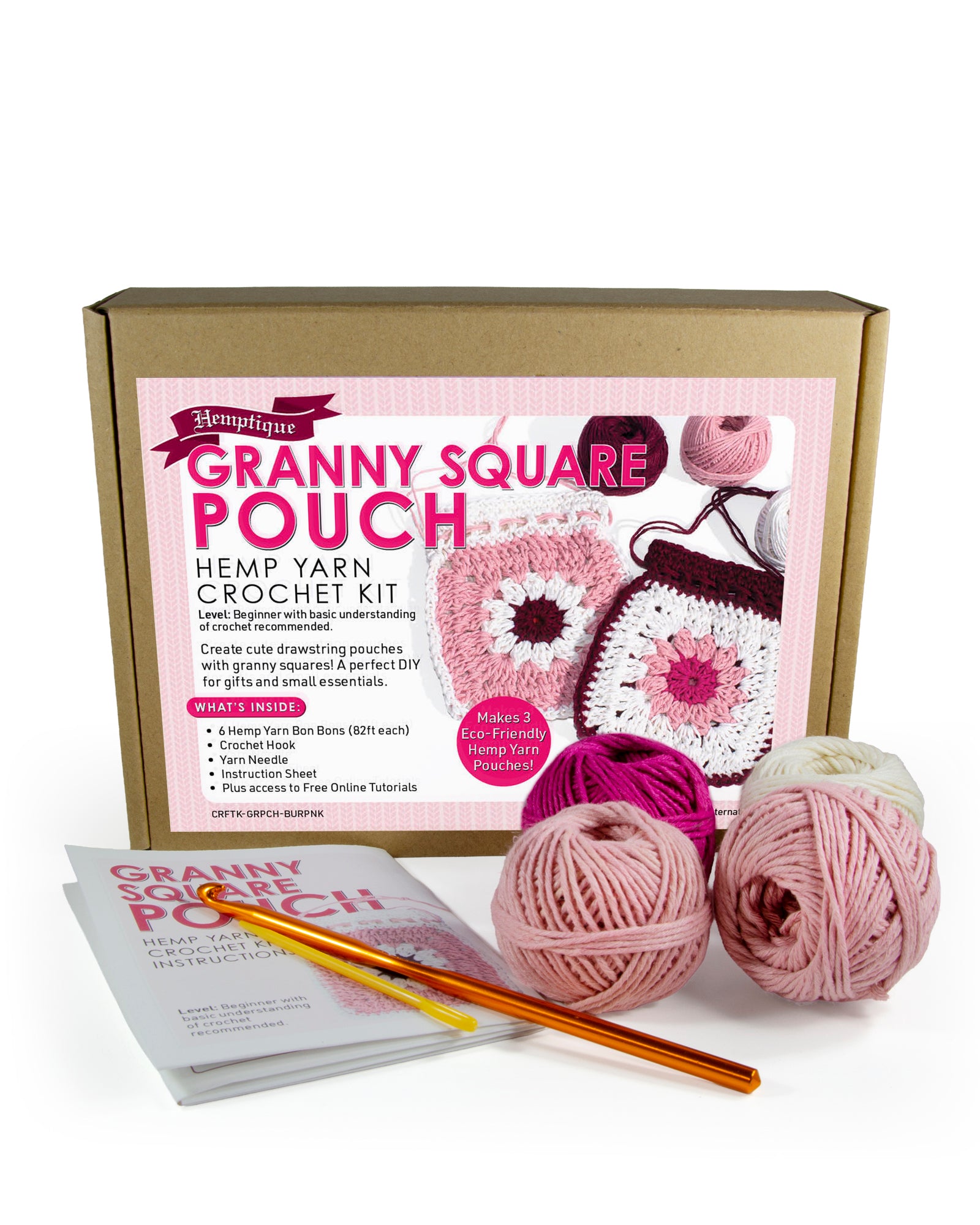 Hemp Yarn Crochet Kit - Pink Granny Square Pouch