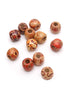 Assorted wooden beads with decorative patterns on a white background