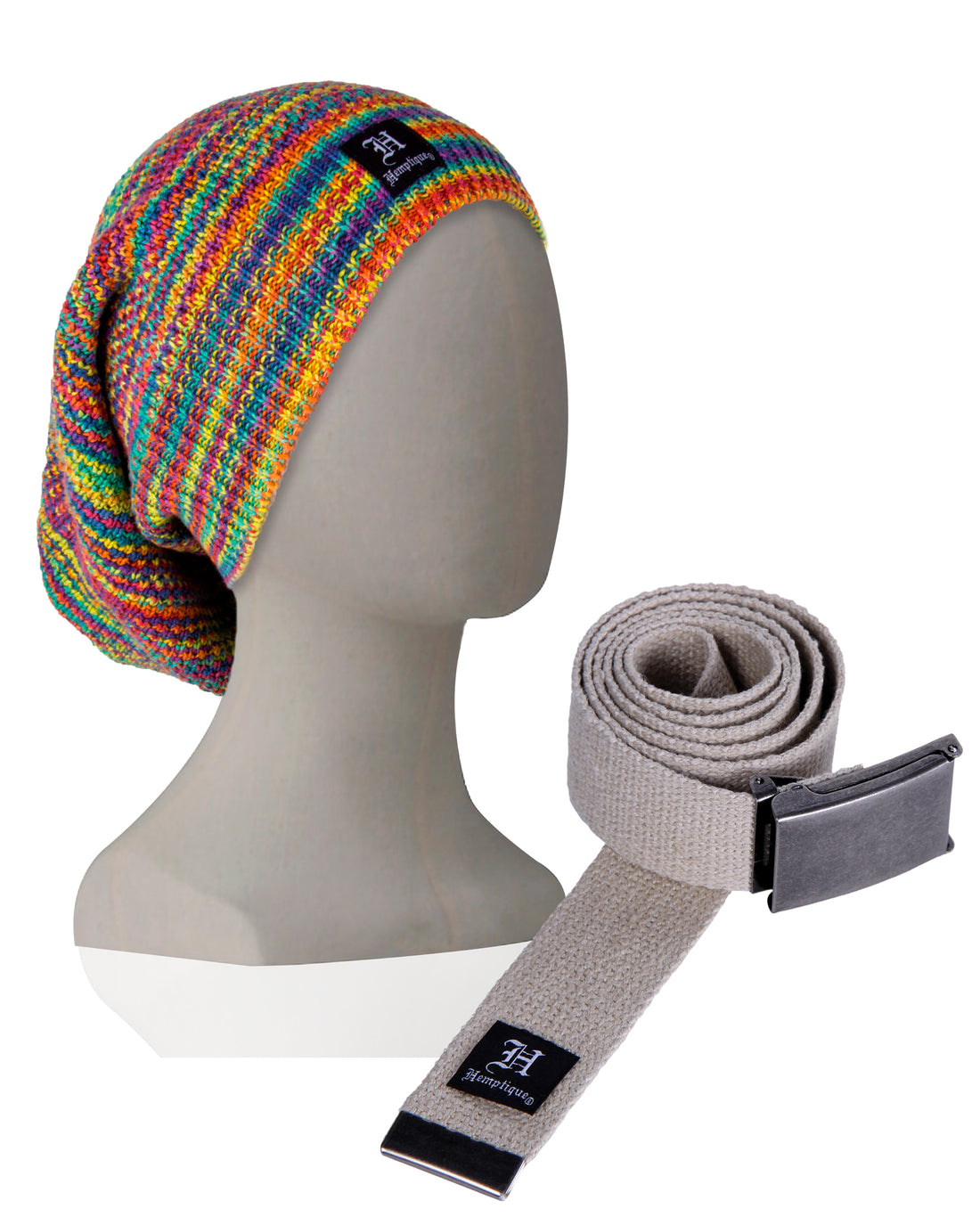 Hemp Long Rainbow Beanie &amp; Belt Bundle